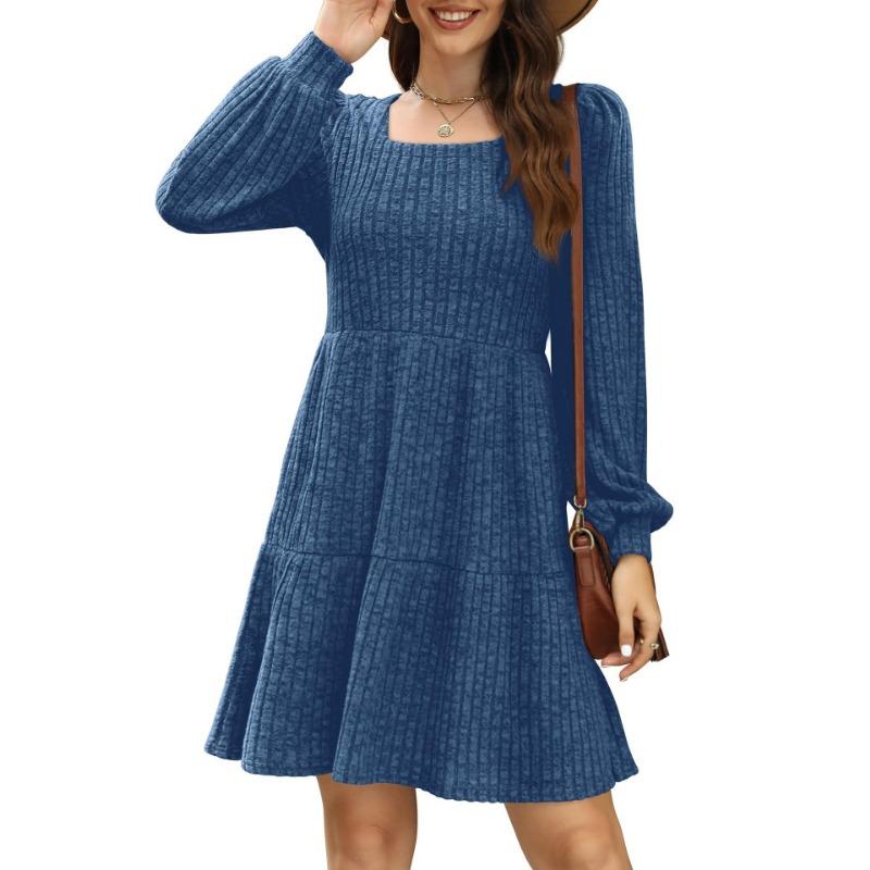 Robe trapèze à manches longues et col rond pour femme avec poche