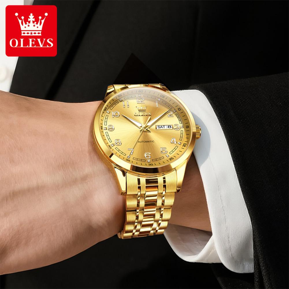 OLEVS New Automatic Watches for Man 7077 Digital Dial Steel Strap Dual Calendar Waterproof Mechanical Men's Business Wristwatch