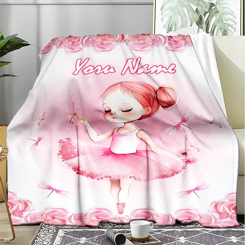 1PC Custom Name Pink Roses Ballerina Theme Outdooor Flannel Blankets Patterns Throw Blanket All-Season Soft Gift for Couch, Bed, Camping Gifts