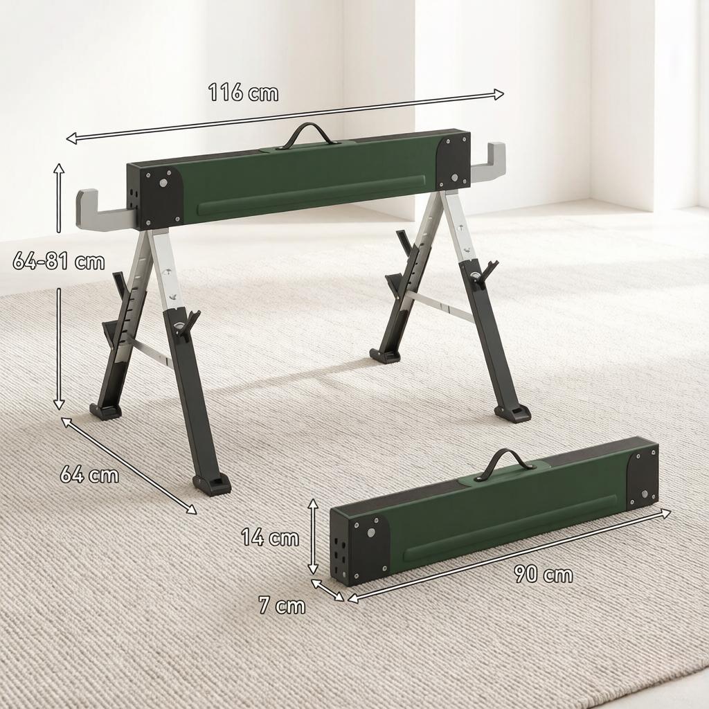 2 Foldable Metal Trestles As a Set, Max. Load 1160 Kg, Height-adjustable 64-81 Cm, Includes Carrying Handle