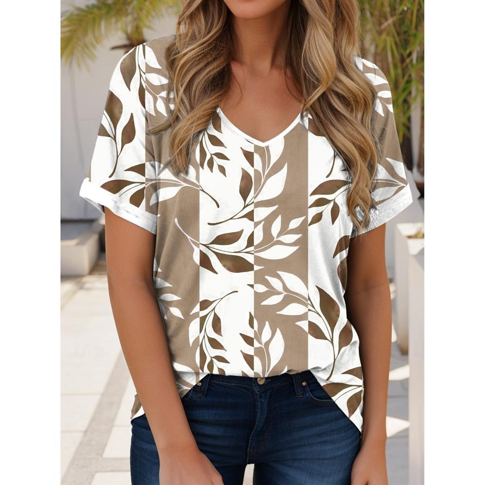 Women's Trendy T-Shirt Flowers Graphics Fashion Short Sleeved V-Neck Regular Tops Daily Print Tee Summer Y2K Casual Tops