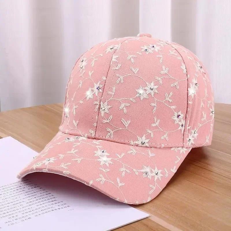 Korean Crystal Baseball Cap - Floral Embroidery UV Hat, Women's Summer Rhinestone Fashion Cap