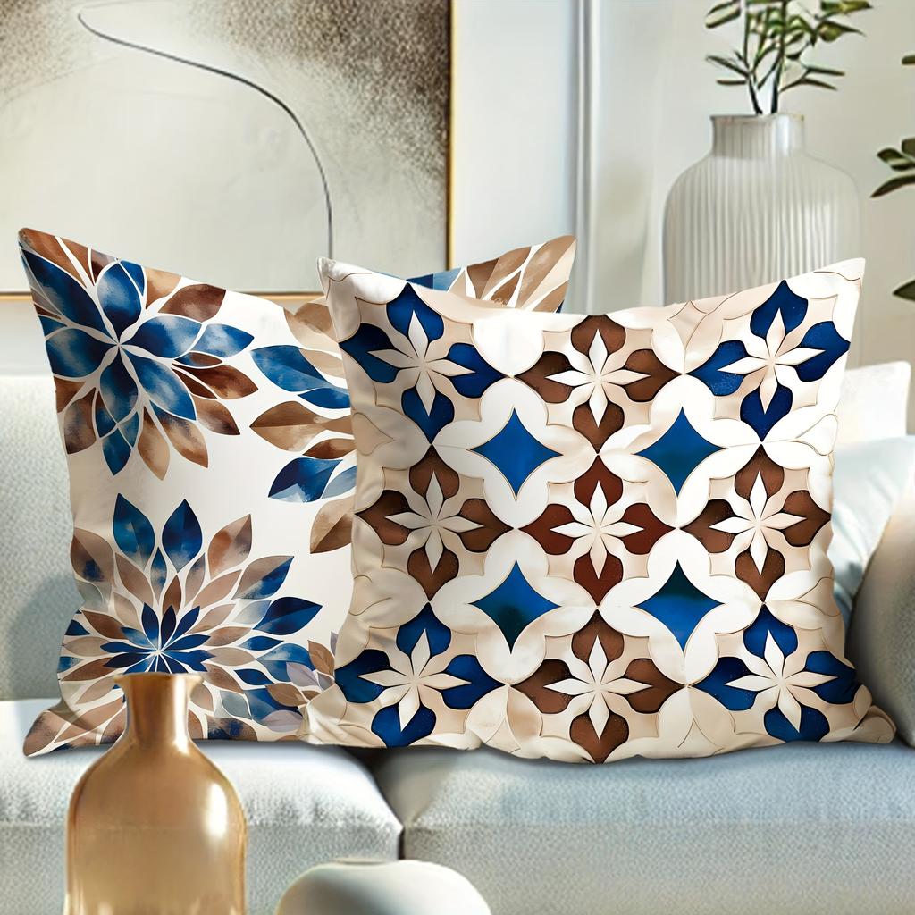 Home Decor Blue & Brown Floral & Geometric Pillow Covers Pattern Cushion Cover Suitable For Sofa Bedroom Car Pillow Cover