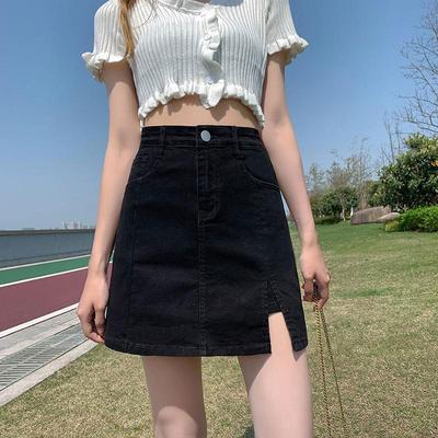 Einzigartig Klassisch Vielseitig Jugendlich Stretch Hochtailliert Geschlitzenes Bustierrock Tage Schlank Paket Hüfte Schwarz A-Linie Damen Sommermode Denim Kurzer Rock