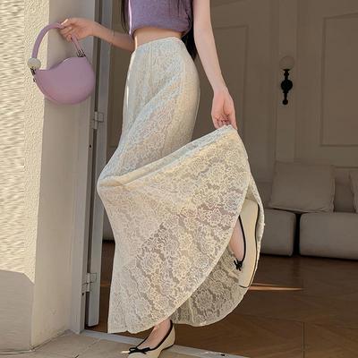 2025 High-Waist White Lace Fishtail Skirt for Spring, Summer, and Autumn
