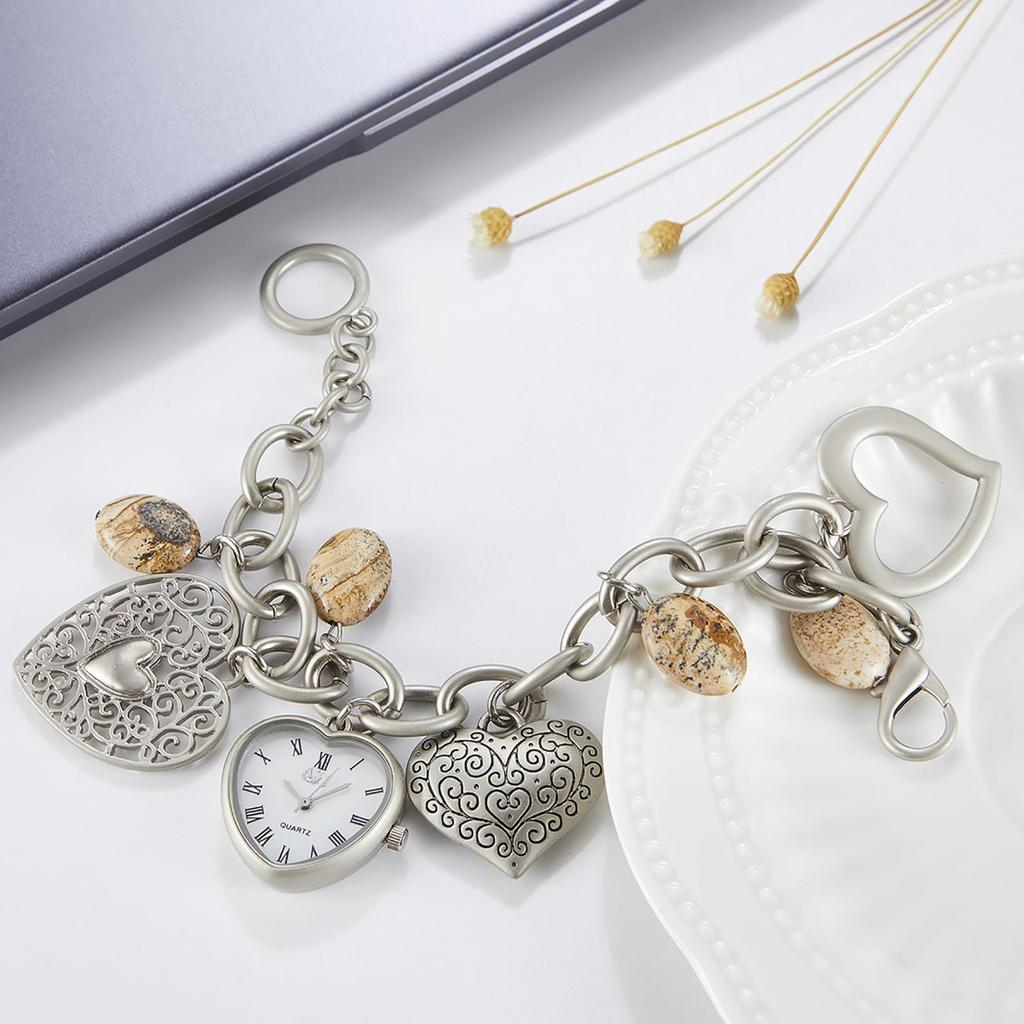 Cute Women's Watch with Chain Bracelet: Stylish Analog Display Heart Natural Stone Quartz Watch In Silver - Perfect Gift for Birthdays,