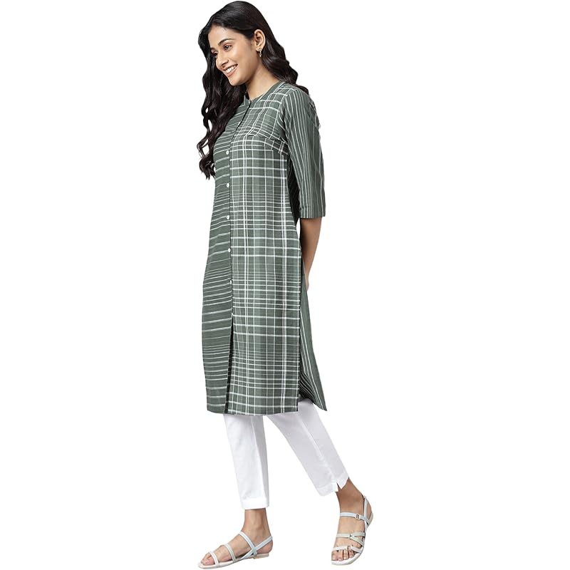 

Aurelia Women Mehendi Green Dobby Geometric Yarn Dyed Straight Kurta_22AUA13368-703591_S S