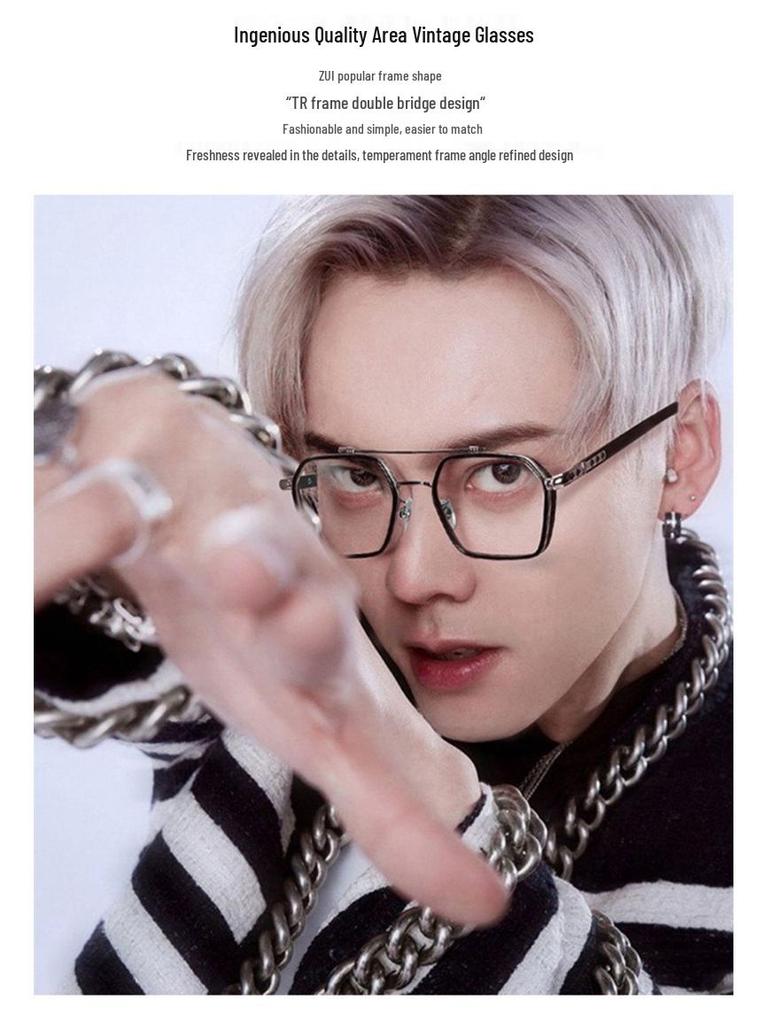 William Chan Anti-Blue Light Retro Large Frame Glasses with Double Bridge, Fashionable Myopia-Ready.