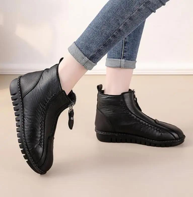 Winter Women Ankle Boots Warm Mother's Boots Flat-Bottom Comfortable Non Slip Front Zipper Closure Female Footwear