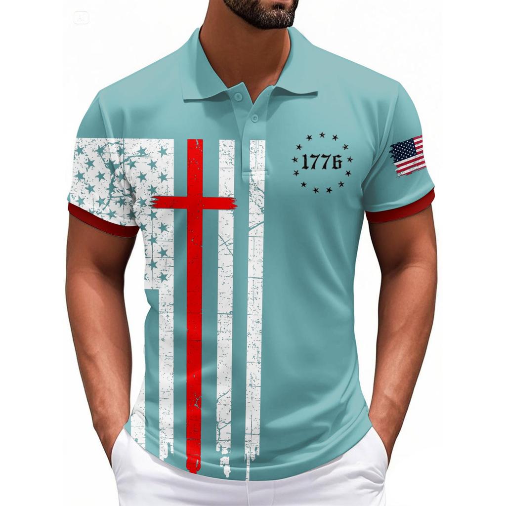 Fashionable Men's Casual Independence Day Printed Neck Short Sleeve Top