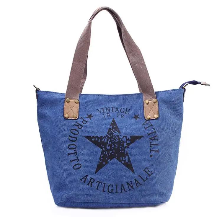 Velká Ležérní Plátěná Dámská Taška Přes Rameno Módní Tote Taška s Potiskem Pentagramu Dámská Vintage Stylu Dámské Nákupní Tašky