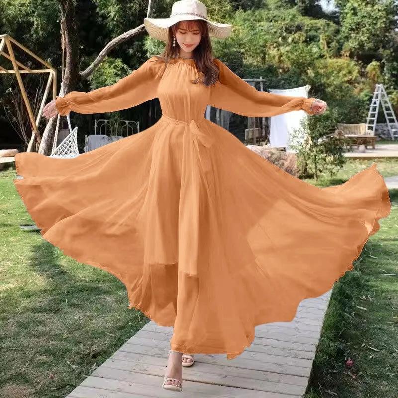 Abito da Spiaggia in Chiffon Super Lungo da Donna Primavera Estate Elegante Manica Lunga Ampio Allacciato Slim Vestiti