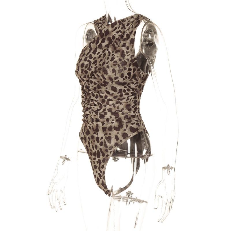 Leopard Print Asymmetrical Slim Fit Pleated Mesh Jumpsuits Women Sexy Rompers Street Fashion Sleeveless Women Bodysuits Casual Elegant Jumpsuit 26143