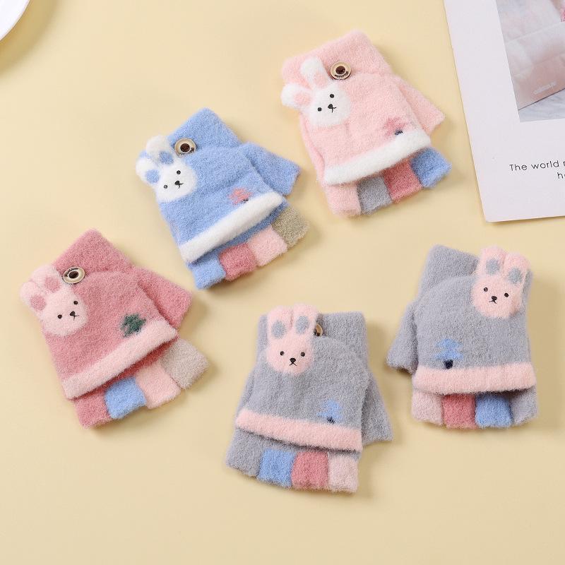 Children's Flip Half Finger Gloves In Autumn and Winter Baby Children's Warmth Plus Velvet Finger Writing Gloves Thick Knitted Gloves