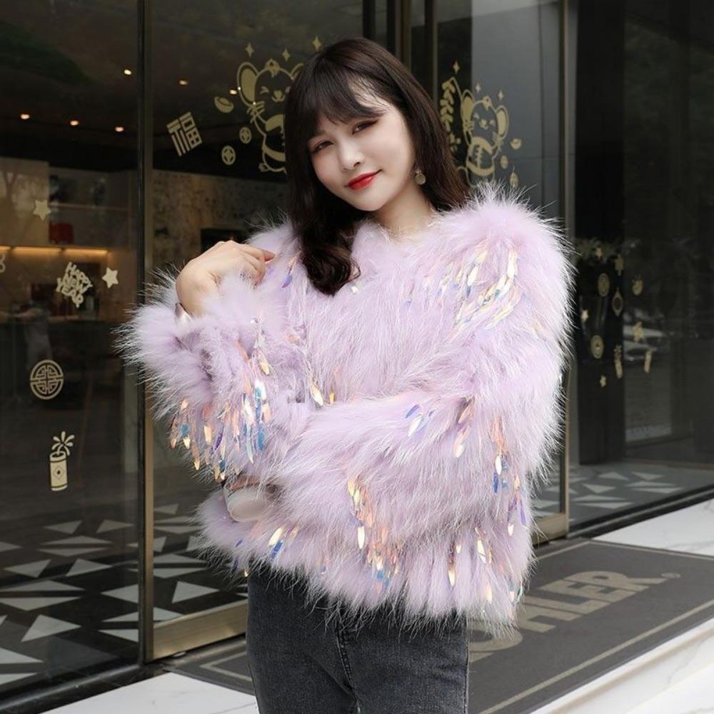 

Женское пальто из натурального меха енота с кисточками и пайетками, стильное короткое приталенное зимнее пальто для миниатюрных женщин S