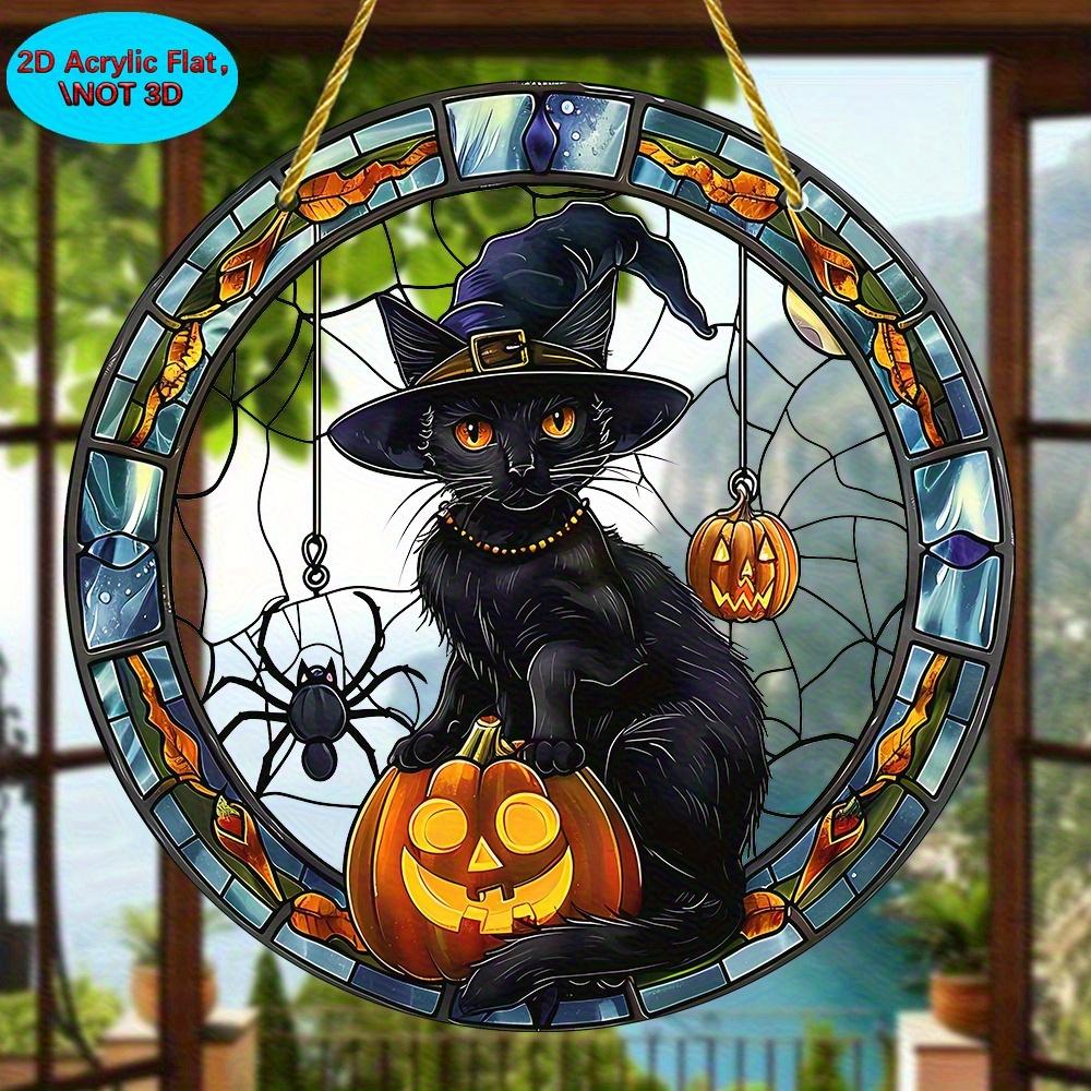 2D Flat Halloween Black Cat Acrylic Dream Catcher Pendant - Stained Glass Style Decorative Plate with Pumpkin and Spider Elements