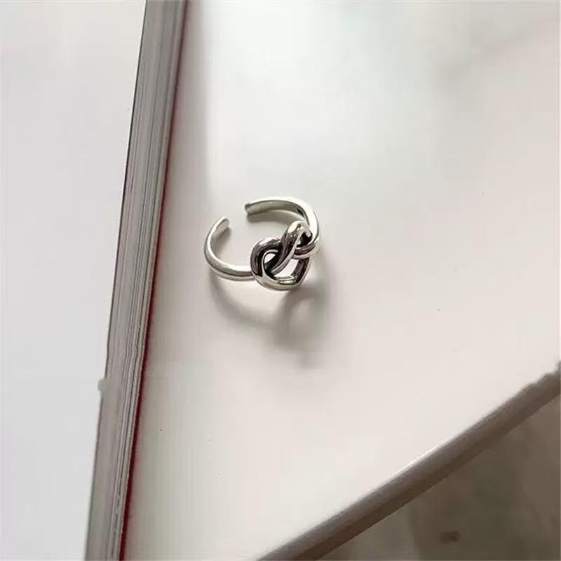 Korean Style Retro Distressed Silver Love Knot Heart Ring for Women