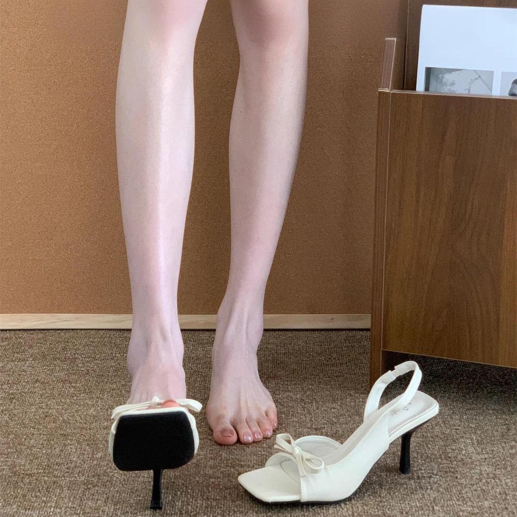 Japanese gentle height increase and thin open-toed sandals summer new sweet bow floral temperament square head high heels