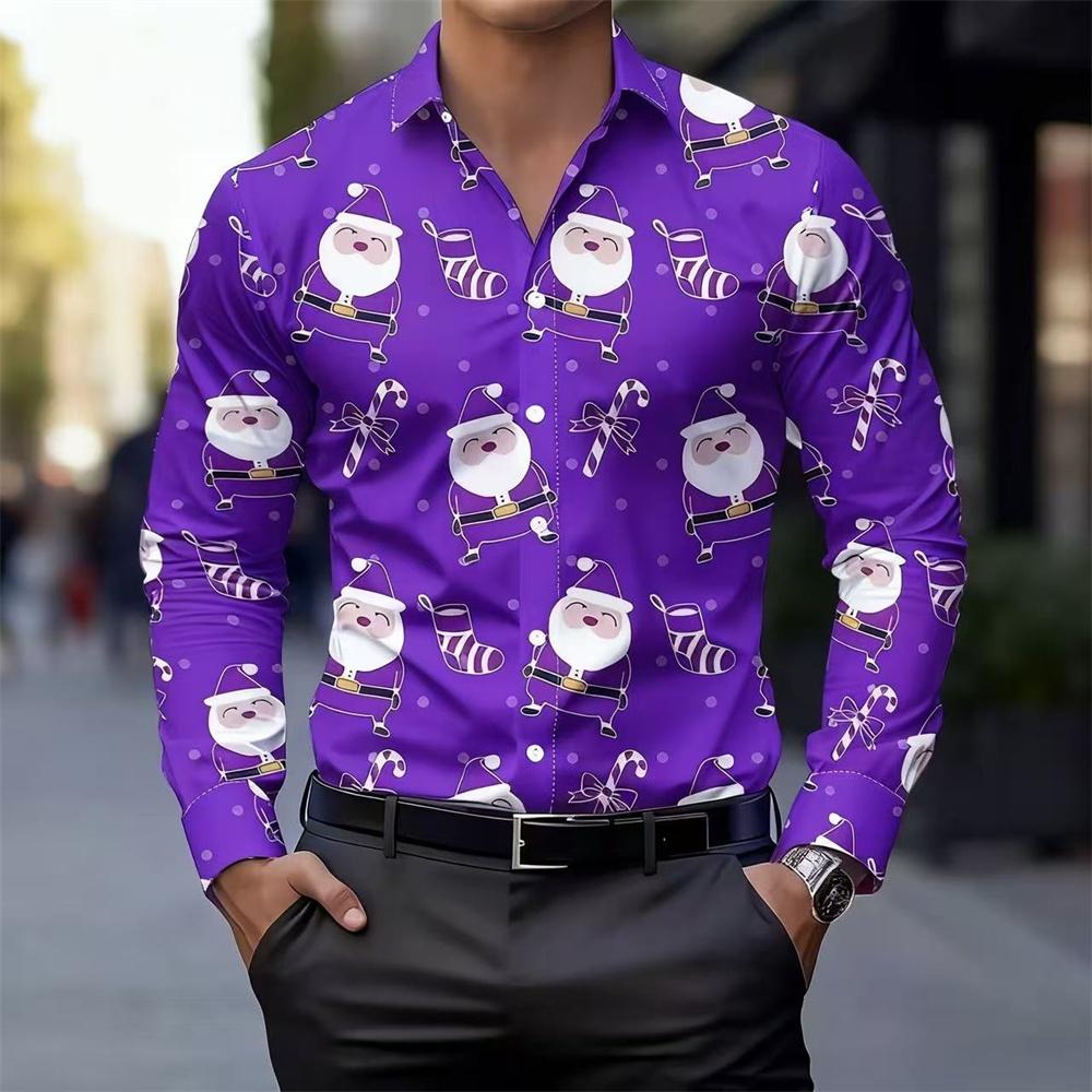 Weihnachten Langarmhemd Kragen Herren Button-Up Hemd Herbst Weihnachten Schneemann 3D-Druck Langarm Herren Feiertagsparty Oberteile