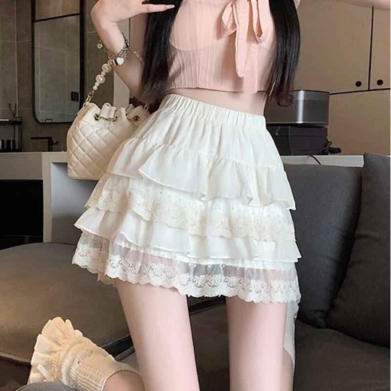 Women's White Lace A-line Midi Skirt - High Waist, Slimming, Princess Style, Summer Fashion, Petite Fit