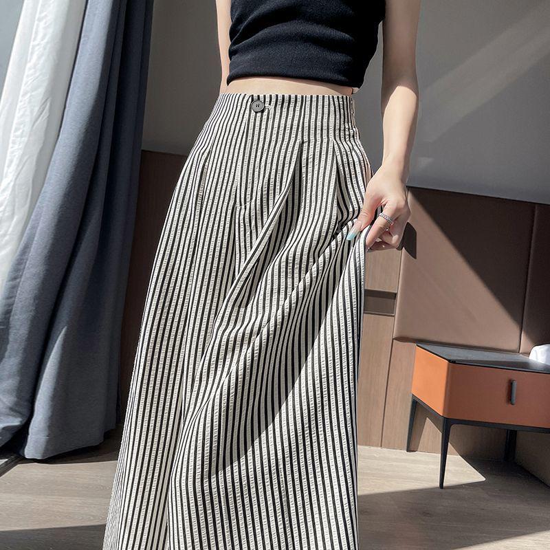 Women's 2026 Summer Ice Silk Striped Wide-Leg Pants: High-Waisted, Loose, Casual, Cotton-Linen, Floor-Length, Straight-Leg Fit