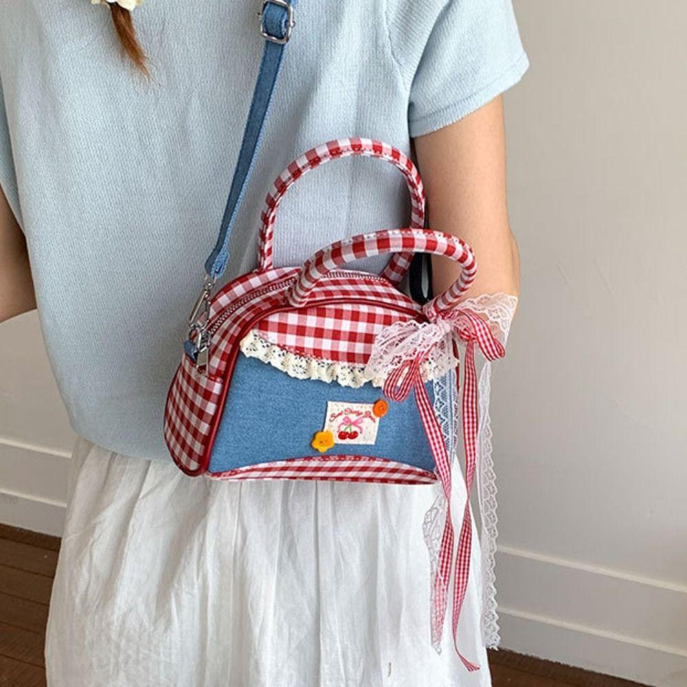 Rural Style Denim Plaid Handbag Lovely Sweet Crossbody Bag Retro Lattice Bowling Bag  Students