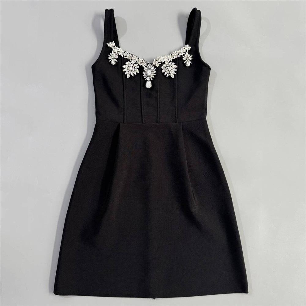 

Elegant Rhinestone Spaghetti Strap Bandage Dress - Little Black Party Skirt Medium чорний