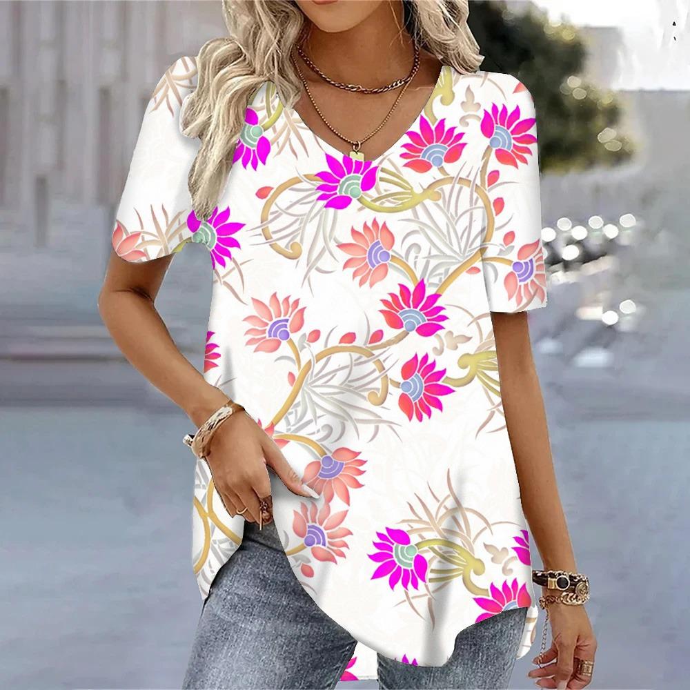 Damen T-Shirts mit 3D-Böhmen-Aufdruck und V-Ausschnitt, kurzärmelig, modisch, Hawaii-Stil, Bluse, Tops, Tees, Sommerkleidung, heißer Verkauf