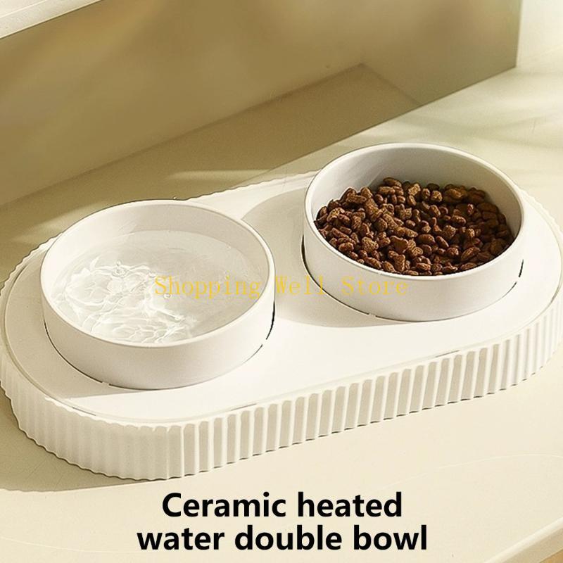 KX4B Ceramic USB Heated Water Double Bowl for Cats and Dogs Ensuring Warm Drinking Warmer for Cold Weather