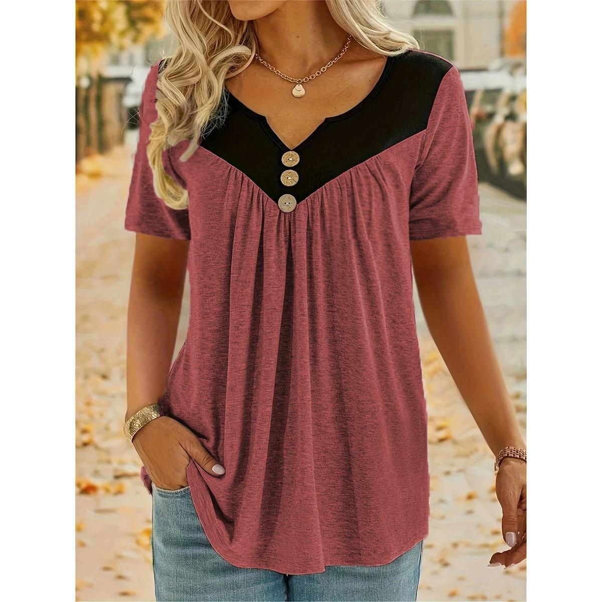 Women s V Neck Short Sleeve Tunic Top Loose Fit Sweet Color Block Button Decor Casual Tee S