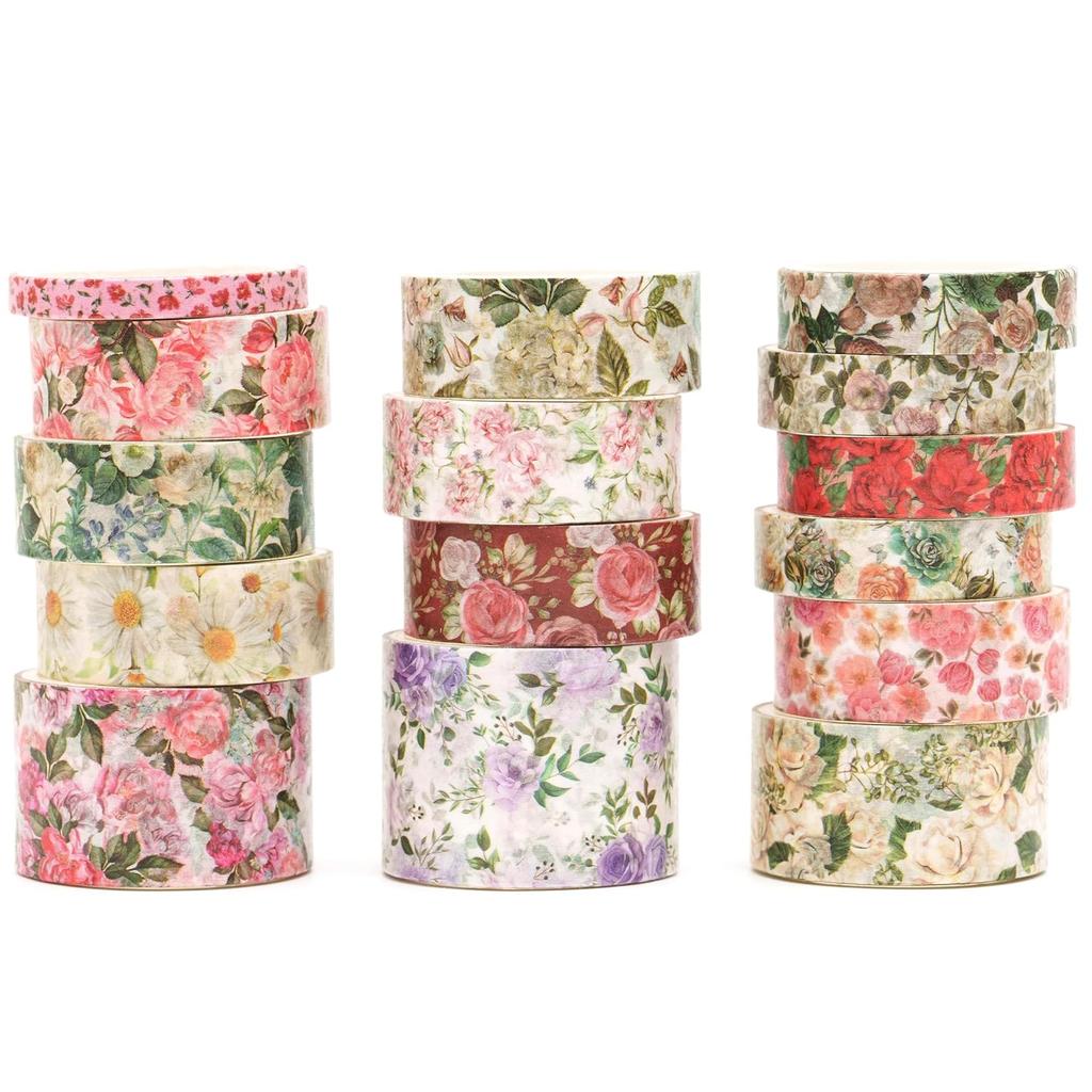 Set di Washi Tape Floreali - 15 Rotoli Fiori Arti Nastri Adesivi Fiori del Giardino Adesivi Decorativi Set di Masking Tape per Artigianato