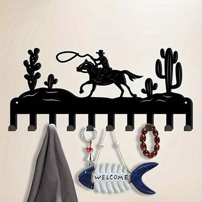 Cowboy Cactus Metal Key Holder - Eclectic Wall Mount Hooks Rack with 10 Hooks - Easy Install Decorative Iron Hanger for Keys