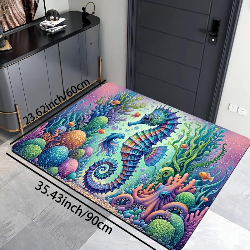 Underwater Seahorse Doormat, Ocean Theme Polyester Rug, Non-Slip Machine Washable Door Carpet for Bathroom Decor