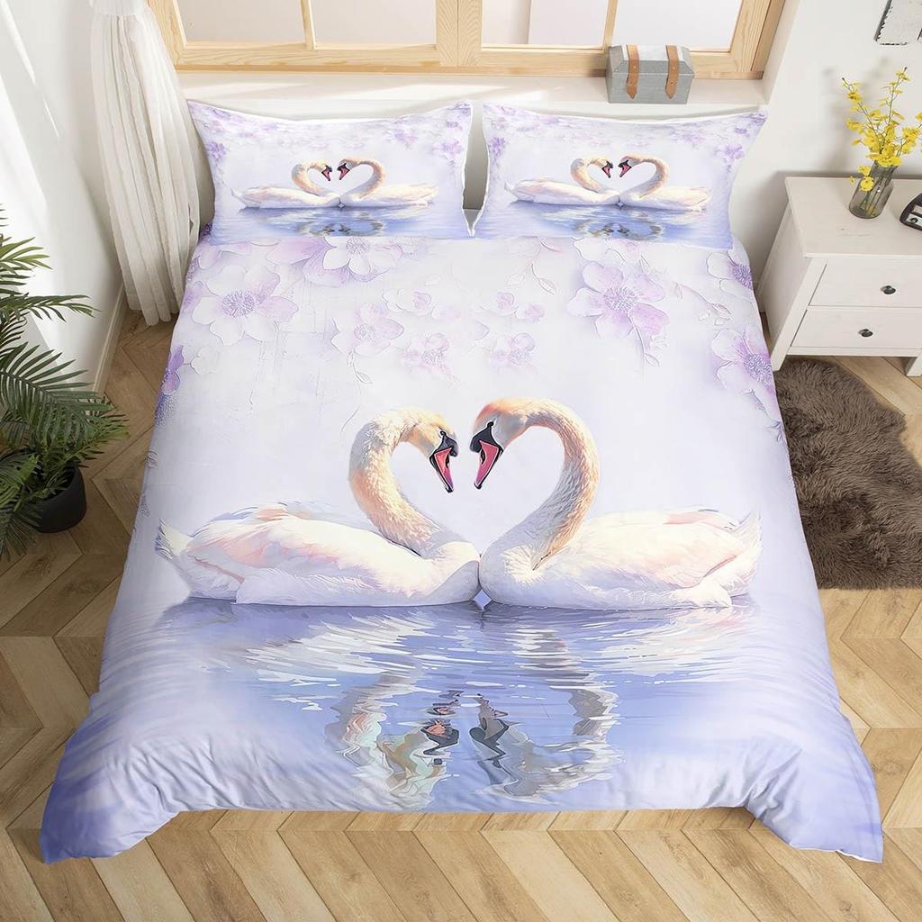 Comforter 3D White Swan Couple Love Red Floral Rose Printed Bedding Set Cute Animal Super Soft Polyester