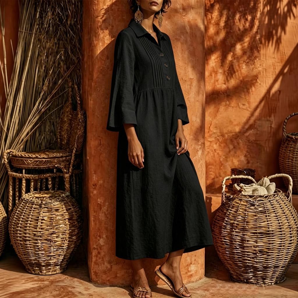 Women's Linen Blend V Neck Front Button Dress Three Quarter Flare Sleeves Loose Fit A Line Long Dress Casual Wear