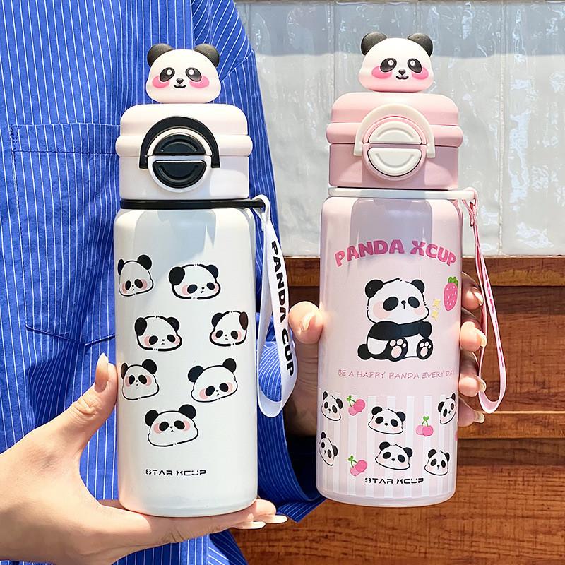 Panda Kids Portable Stainless Steel Thermos With Reusable Straws For School And Outdoors