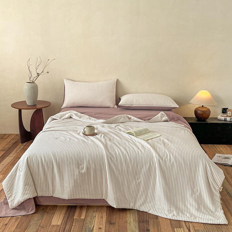 Class A Yarn-Dyed Striped Cotton Quilt - Machine Washable, Breathable, Skin-Friendly Summer Blanket
