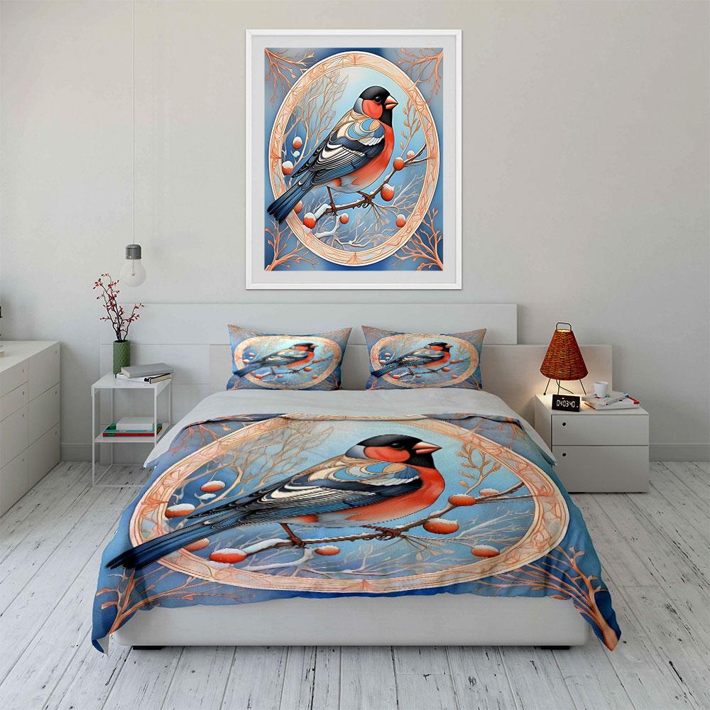 Bird Art Print Set - Winter Decor Bedding Set with 1 Duvet Cover 2 Pillowcases Single Double King Queen Gift