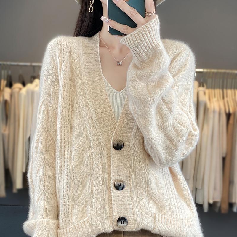 V-neck Pure Wool Loose Knit Cardigan – Long Sleeve Autumn/Winter Sweater