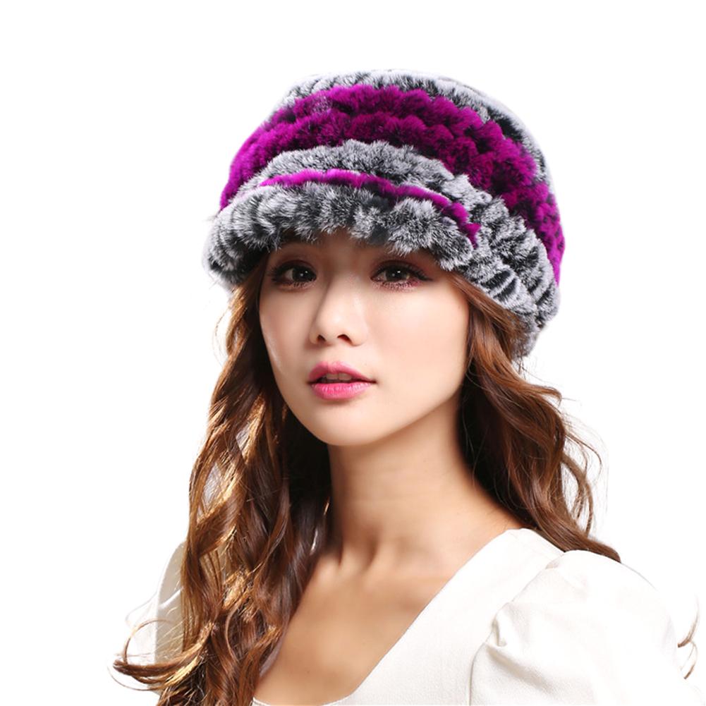 

Fashion Women Rex Rabbit Hair Hat with Stripe Design Cute Thicken Ladies Winter Warm Cap Gray-purple #1
