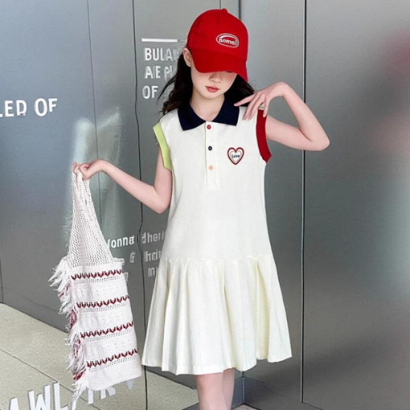 Girls Summer Preppy Polo Collar Sleeveless Pleated Dress Medium Large Kids Casual Vest Skirt 120