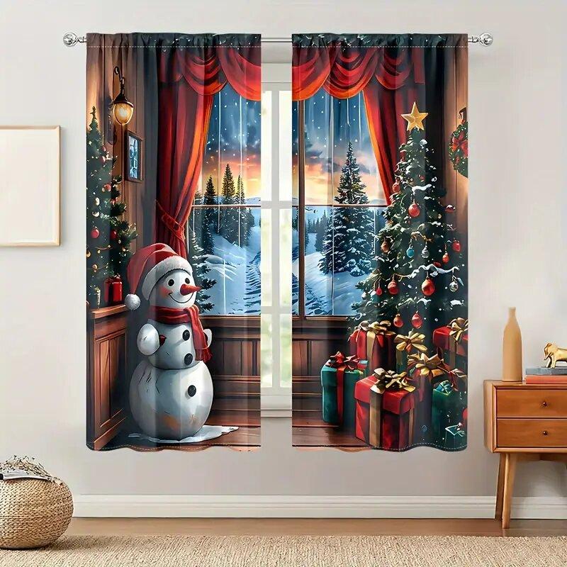 Christmas Tree Forest Snowman Pattern Printed Curtains Window Decorations Home Room Curtain Set Of 2 Made Polyester Washable