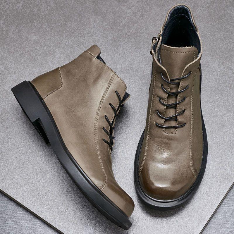 

Мужские ботильоны на высоком голенище из натуральной кожи - Круглый носок, Подкладка плюс бархат, Универсальные для повседневной или уличной осенне-зимней носки. 43