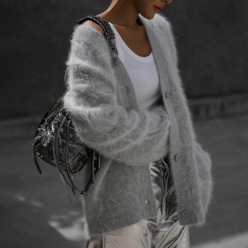 Women's 2025 Autumn Winter Faux Mink Knit Cardigan V Neck Long Sleeve Loose Casual Sweater Coat