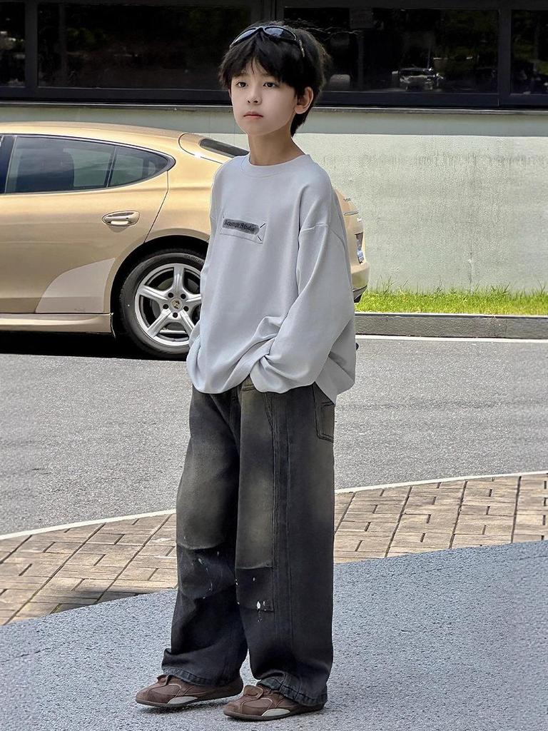 Autumn 2025 Boys' Loose Korean Style Retro Distressed Straight-Leg Jeans