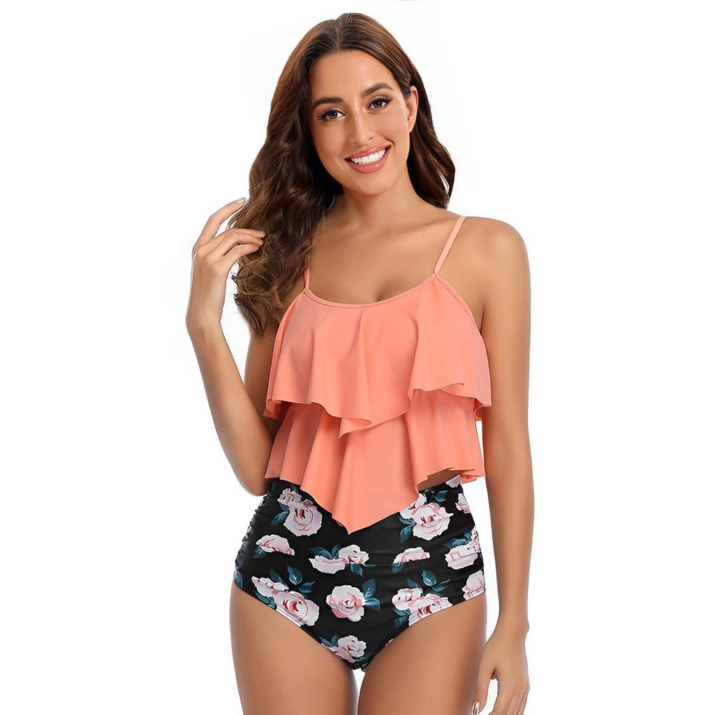 Damen Rüschen Volant Oberteil Hohe Taille Bikini Set Zweiteilig Bauchkontrolle Dezent Bedruckt Sommer Strand Badeanzug Bademode
