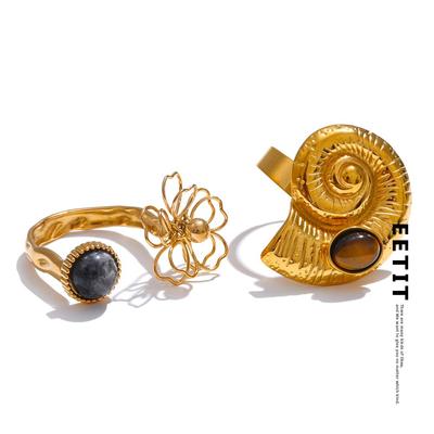 Natürlicher Spektrolith Tigerstein Muschelblume Offener Verstellbarer Ring Edelstahl Golden Neuankömmlinge Schmuck Geschenk