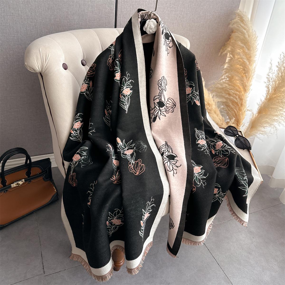 

Black Neck Warmer Scarf For Women Winter Thickened Floral Tassel Pashmina Shawl Faux Cashmere Warps Autumn Warm Elegant Blanket