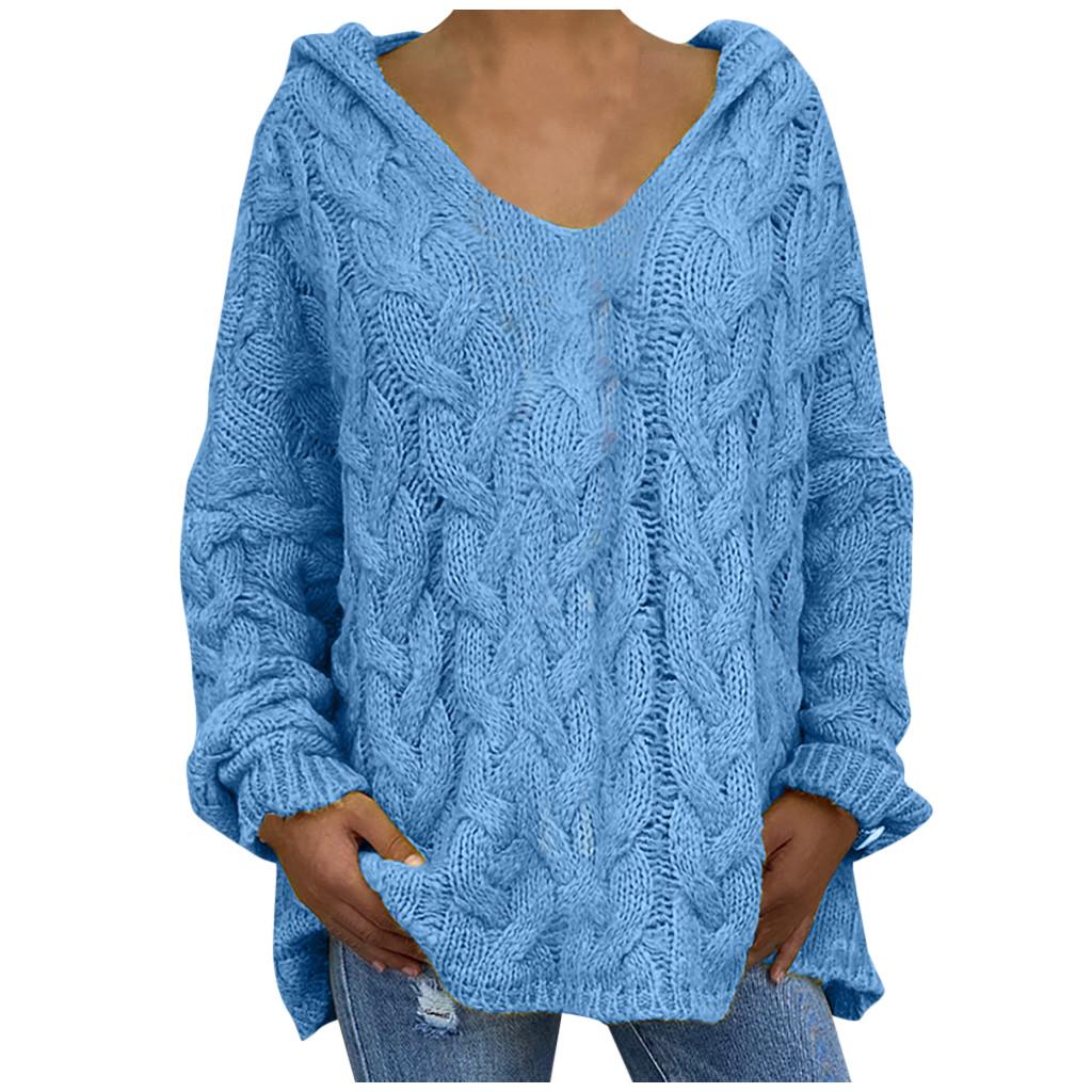 Women Fashion Loose Large Size Solid Color Hood Long Sleeves Sweater Tops