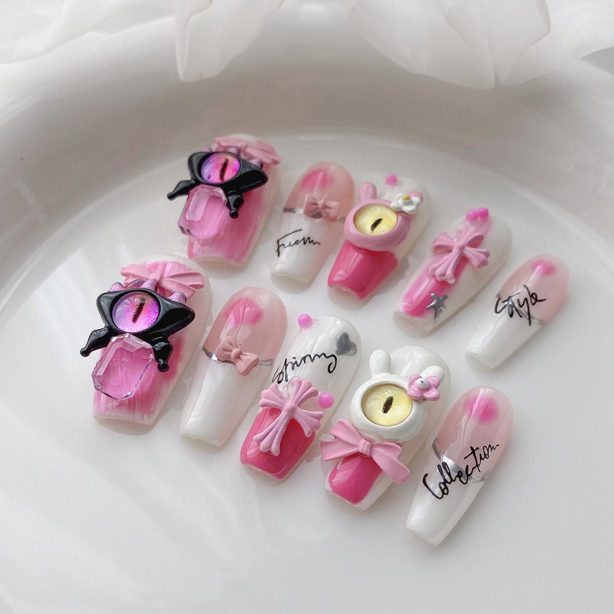 

Hand-Painted Cute Devil & Monster Press-On Nails: Blue & Pink Childlike Nail Art